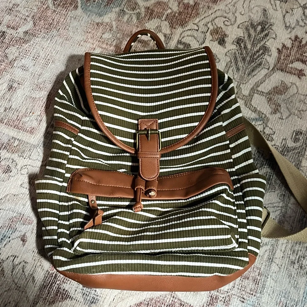 Madden Girl Backpack Green White Striped Fabric Bag